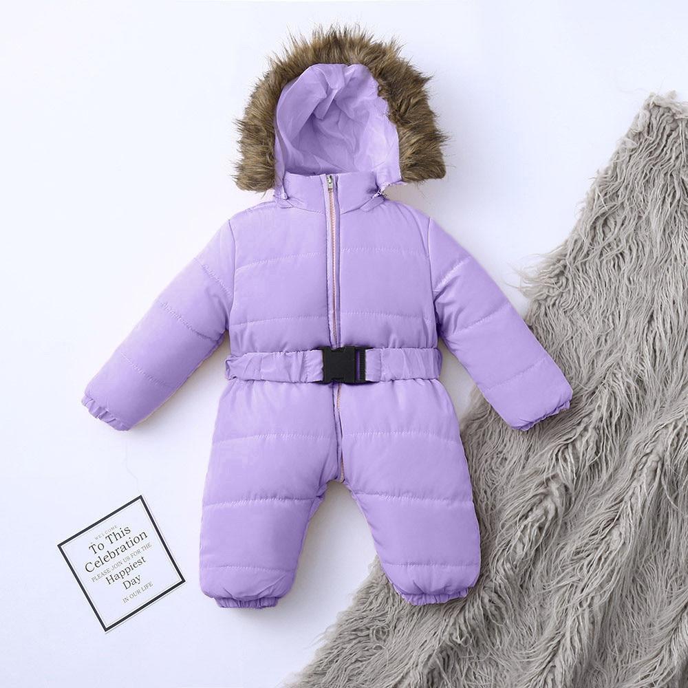 Stevvex infant lilac hooded snowsuit with faux fur trim, padded jumpsuit with belt on Tampa Home & Garden Store