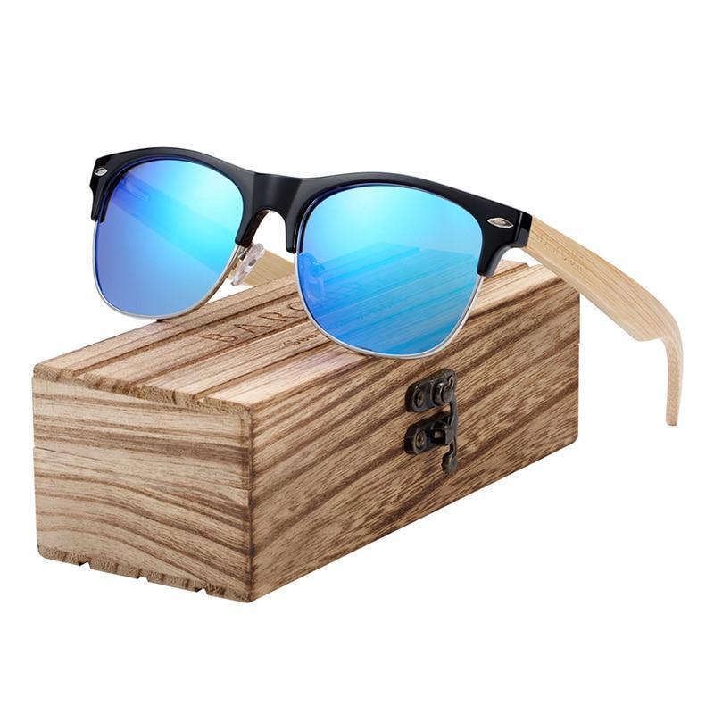 Stevvex bamboo wood sunglasses with blue mirrored lenses, black frame with bamboo arms UV400 on Tampa Home & Garden Store