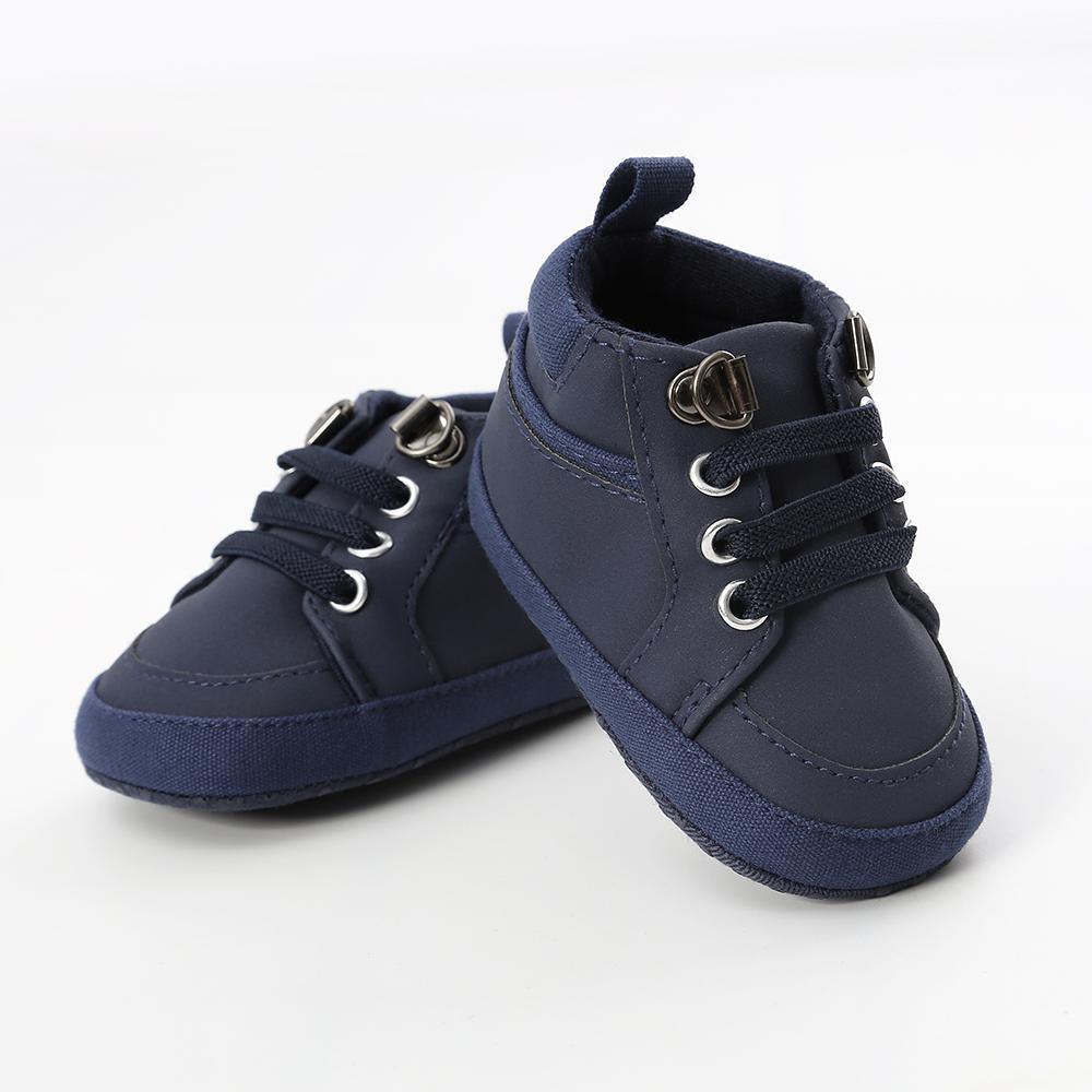 Warm newborn first walkers soft sole shoes Stevvex navy with laces pull tab on Tampa Home & Garden Store