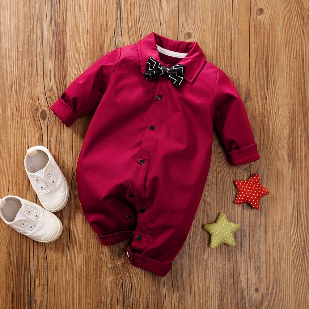 Stevvex baby boy romper with bow in burgundy color with snap buttons white sneakers nearby on Tampa Home & Garden Store