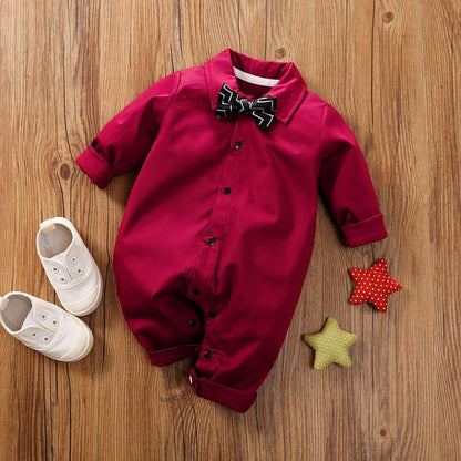 Stevvex baby boy romper with bow in burgundy color with snap buttons white sneakers nearby on Tampa Home & Garden Store