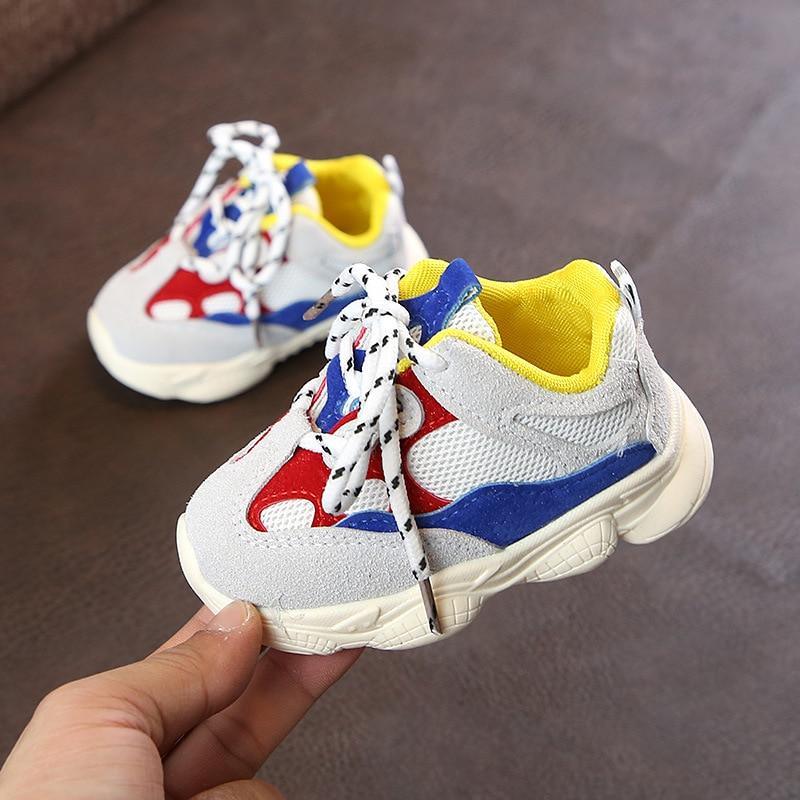 Baby Toddler Sneakers patchwork white red blue yellow lace-up pair with soft bottom Stevvex on Tampa Home & Garden Store