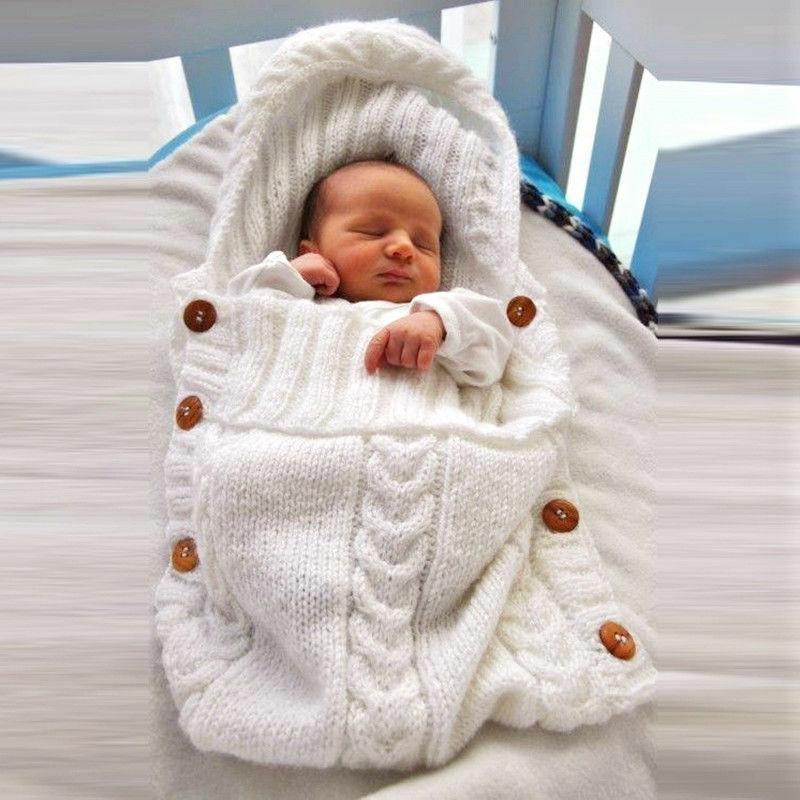 Warm baby blanket knitted newborn swaddle wrap white with hood and wooden buttons Stevvex on Tampa Home & Garden Store