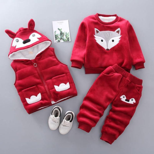 Stevvex baby red fleece set with fox and bear prints hooded vest, sweater, pants on Tampa Home & Garden Store