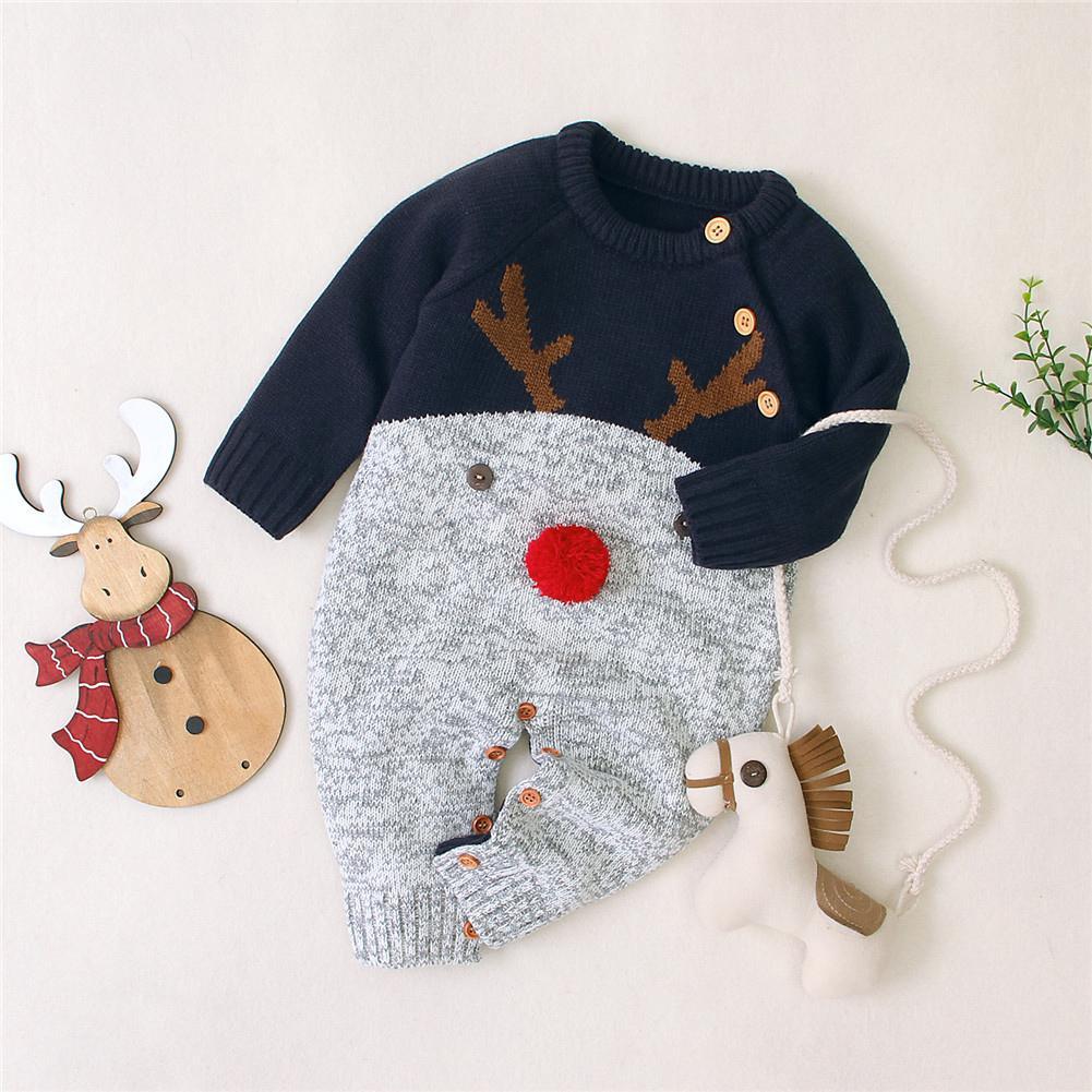 Stevvex baby Christmas reindeer romper navy with grey bottom red nose and buttons 0-2Y on Tampa Home & Garden Store