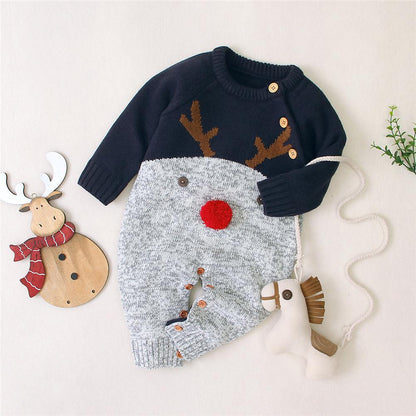 Stevvex baby Christmas reindeer romper navy with grey bottom red nose and buttons 0-2Y on Tampa Home & Garden Store