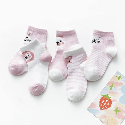 Stevvex 5-pair cotton baby socks set, pink/white with bunny faces and stripes for toddlers on Tampa Home & Garden Store