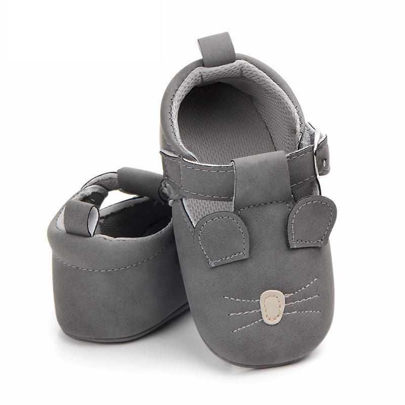 Stevvex gray cat-face baby shoes for first walkers, soft suede-like material, flexible pair on Tampa Home & Garden Store