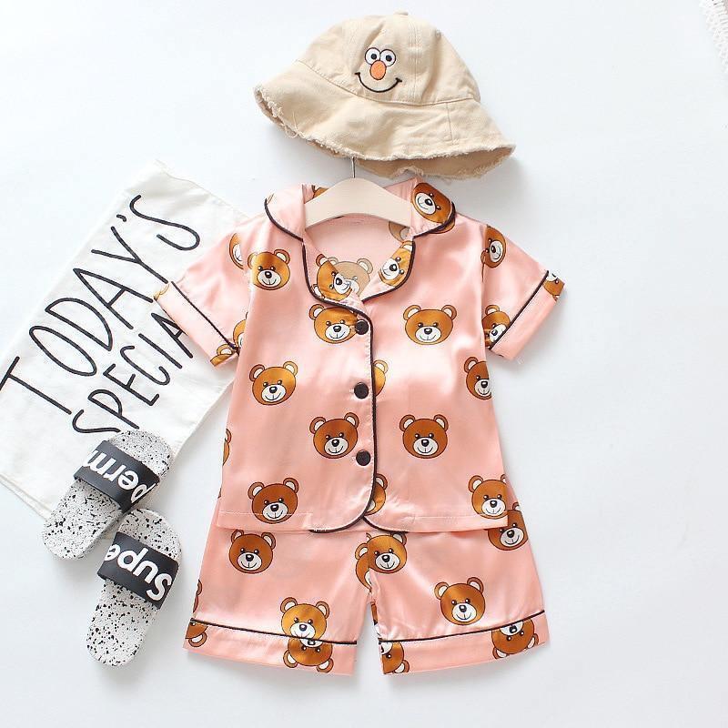 Stevvex kids satin pajama set pink teddy bear print with short-sleeve top and shorts on Tampa Home & Garden Store