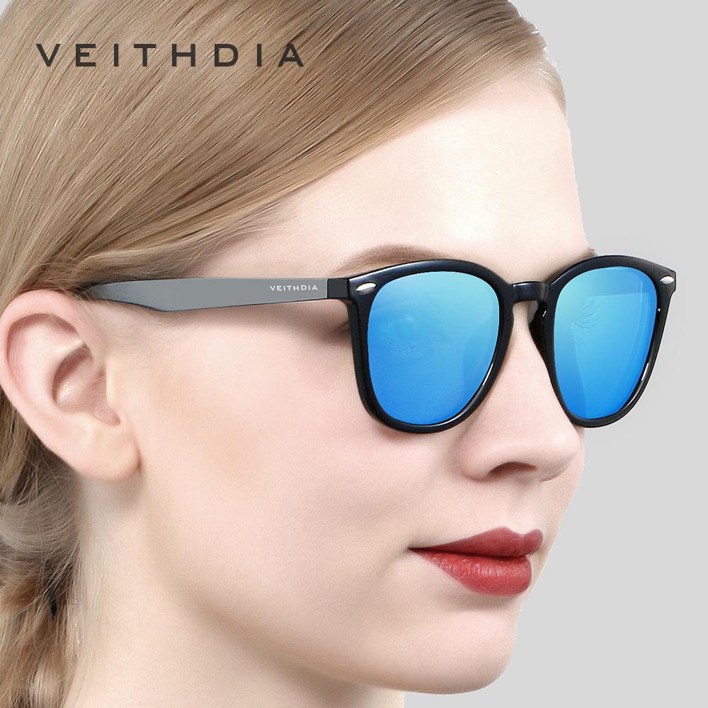 Sunglasses black frame aluminum TR90 with blue mirror lenses, VEITHDIA logo on temple, unisex on Tampa Home & Garden Store