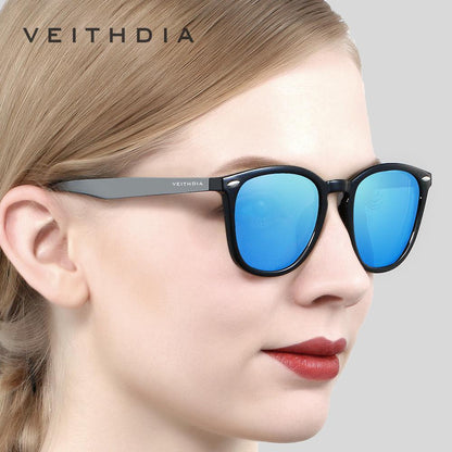 Sunglasses black frame aluminum TR90 with blue mirror lenses, VEITHDIA logo on temple, unisex on Tampa Home & Garden Store