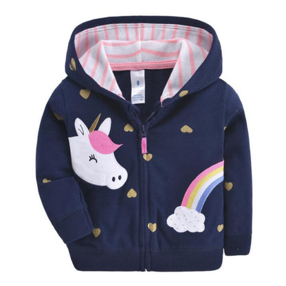 Stevvex navy hooded baby hoodie with unicorn applique, rainbow and gold hearts on Tampa Home & Garden Store