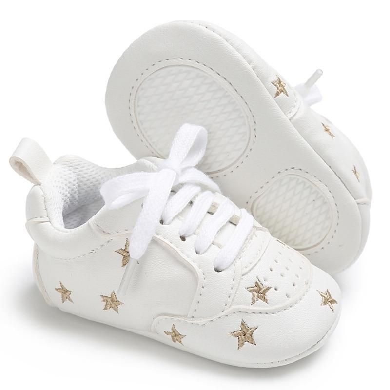 Newborn Stevvex white lace-up baby shoes with gold star pattern, PU leather, sole 0-18m on Tampa Home & Garden Store