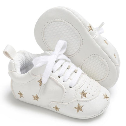 Newborn Stevvex white lace-up baby shoes with gold star pattern, PU leather, sole 0-18m on Tampa Home & Garden Store