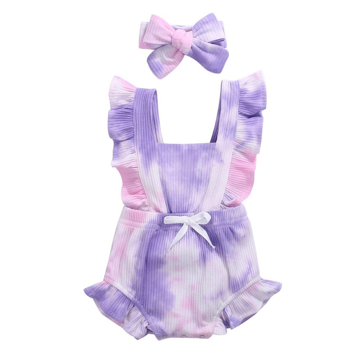 Toddler romper set by Stevvex in lavender pink tie-dye with ruffle straps and headband on Tampa Home & Garden Store