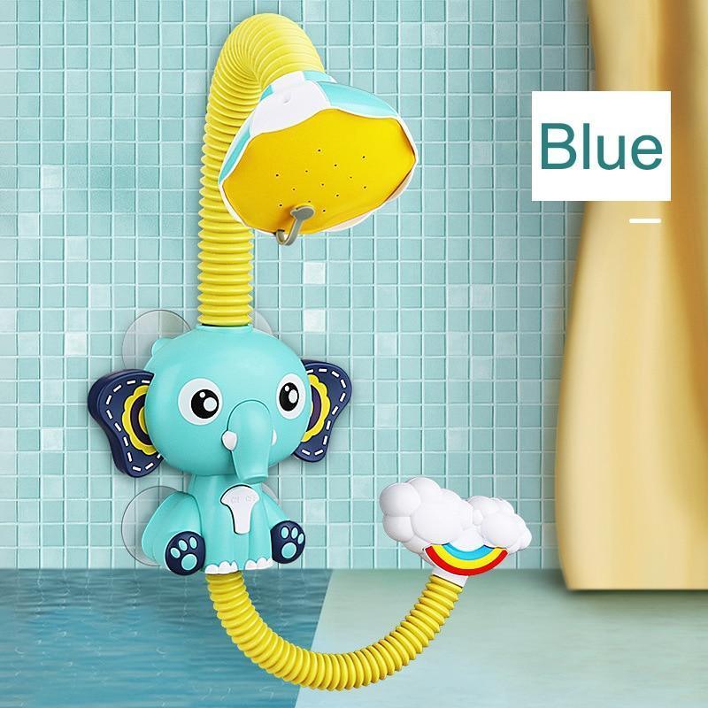 Stevvex blue elephant bath toy with yellow shower head and flexible hose for kids' bath time on Tampa Home & Garden Store