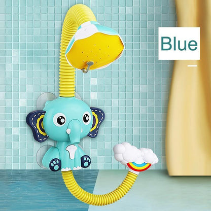 Stevvex blue elephant bath toy with yellow shower head and flexible hose for kids' bath time on Tampa Home & Garden Store