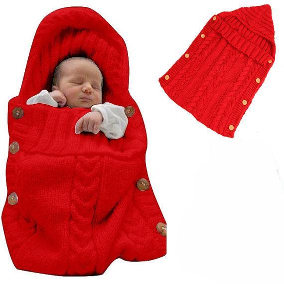 Red knitted newborn swaddle blanket with hood and wooden buttons; two-piece hooded wrap on Tampa Home & Garden Store