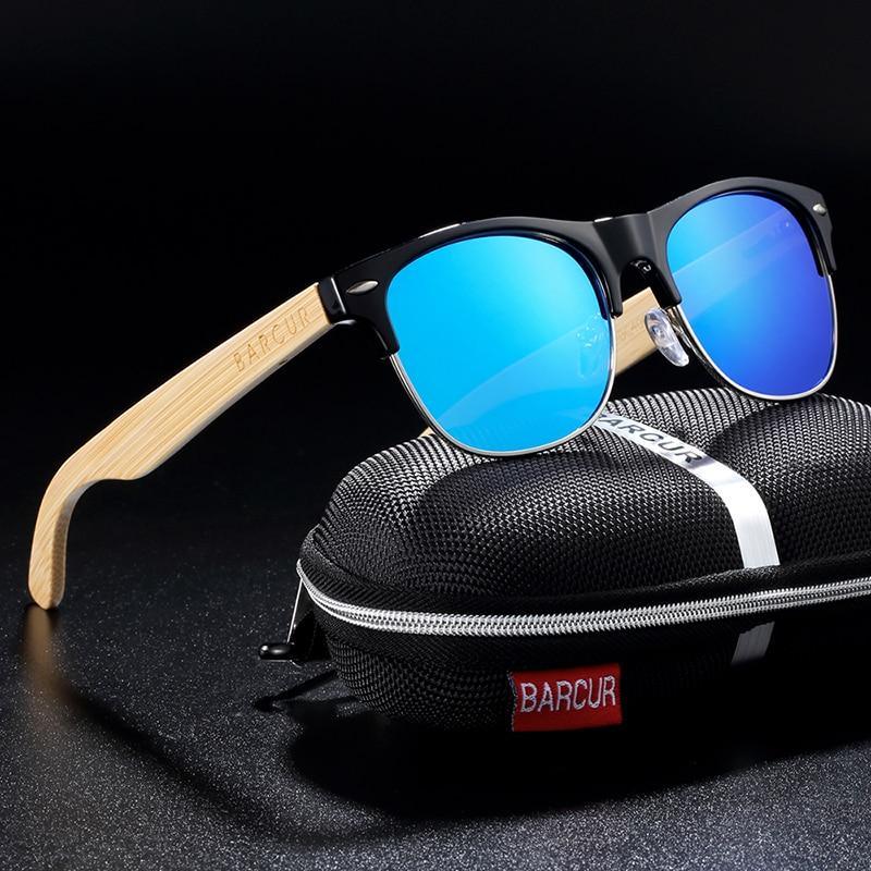 Bamboo wood sunglasses with black frame and blue mirrored polarized lenses UV400 Barcur on Tampa Home & Garden Store