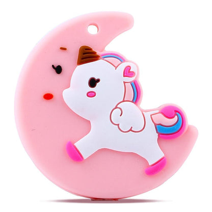 Silicone teether pink crescent moon with white unicorn and rainbow mane and tail on Tampa Home & Garden Store