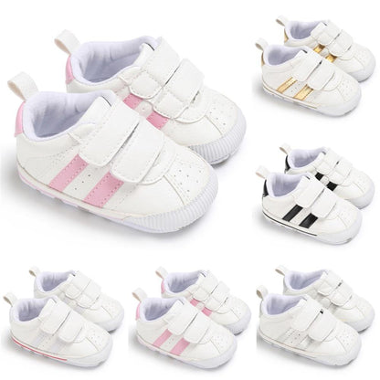 Fashion Soft Sole Hook Loop Pre Walker Sneakers Stevvex white with pink accents, 7 pairs on Tampa Home & Garden Store