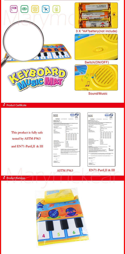 Stevvex Music Piano Play Mat with keyboard and yellow battery module on/off switch for kids on Tampa Home & Garden Store