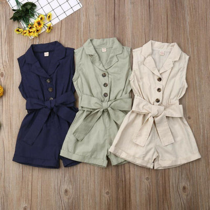 Stevvex girls' waistbelt drawstring romper set in navy, sage & beige 3pc on Tampa Home & Garden Store