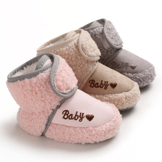 Stevvex plush baby booties set of 4 in pink beige taupe gray with Baby embroidery on Tampa Home & Garden Store