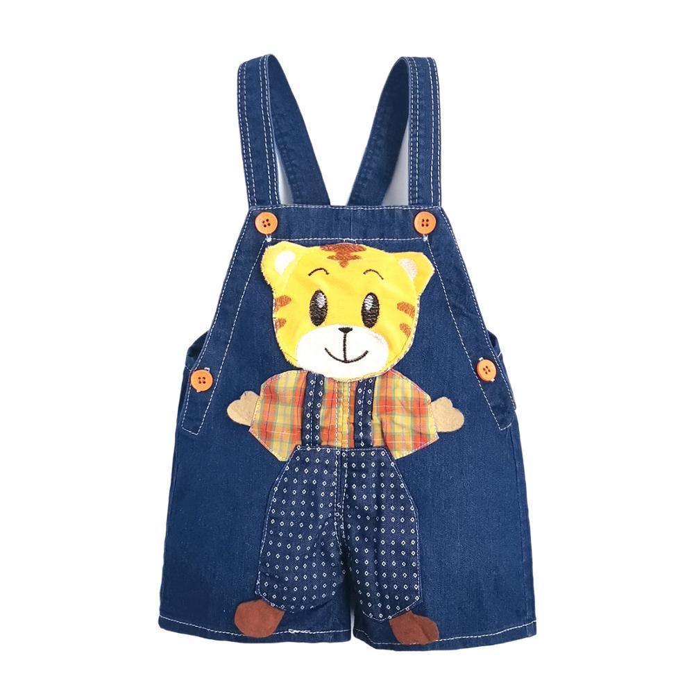 Stevvex denim baby overalls with tiger applique and plaid shirt patch, blue straps on Tampa Home & Garden Store