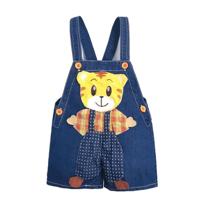 Stevvex denim baby overalls with tiger applique and plaid shirt patch, blue straps on Tampa Home & Garden Store