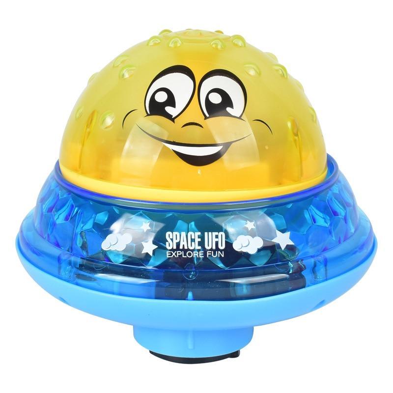 Stevvex ST15BY18962PRIPE Space UFO bath toy with yellow dome and blue rotating base, LED lights on Tampa Home & Garden Store