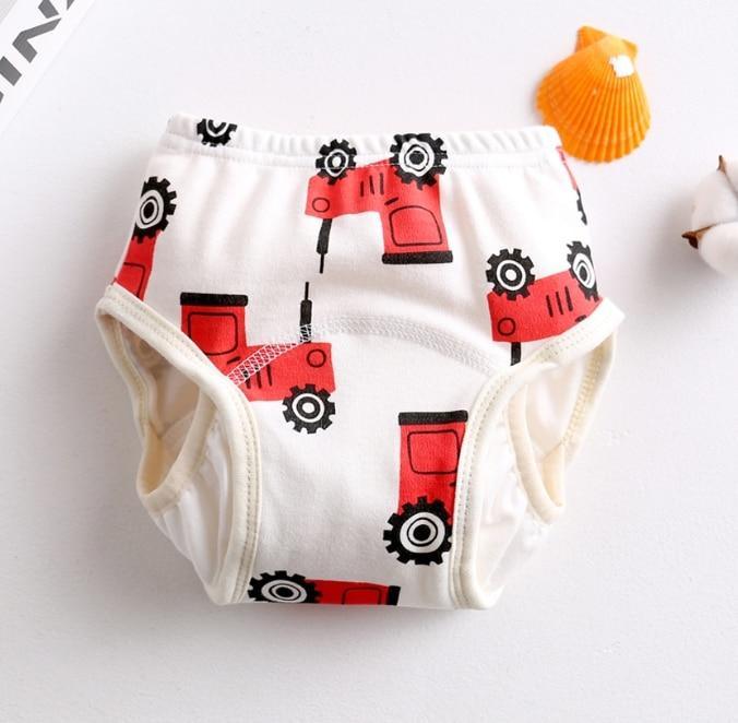 Stevvex 8-layer reusable baby diaper training pants with red tractor print on white fabric on Tampa Home & Garden Store