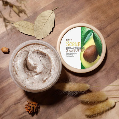 Shea butter exfoliating scrub cream for face and body in a round jar with avocado lid image on Tampa Home & Garden Store