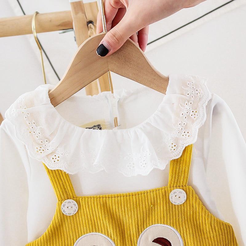 Stevvex yellow corduroy pinafore dress with white lace-collar shirt for girls; button straps on Tampa Home & Garden Store