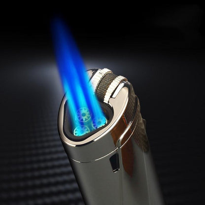 Stevvex triple-torch lighter in metallic finish with blue flame on Tampa Home & Garden Store