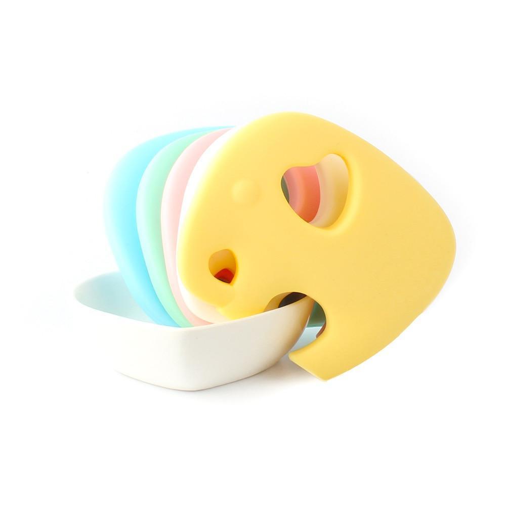 Stevvex baby silicone teether set of 5 pastel rings with a yellow animal-shaped front piece on Tampa Home & Garden Store
