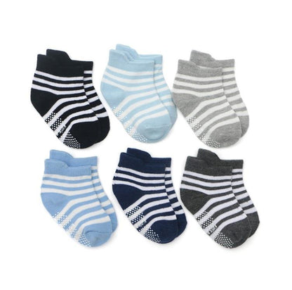 Cotton baby socks 6-pair Stevvex, non-slip boat with rubber grips, blue gray stripes on Tampa Home & Garden Store