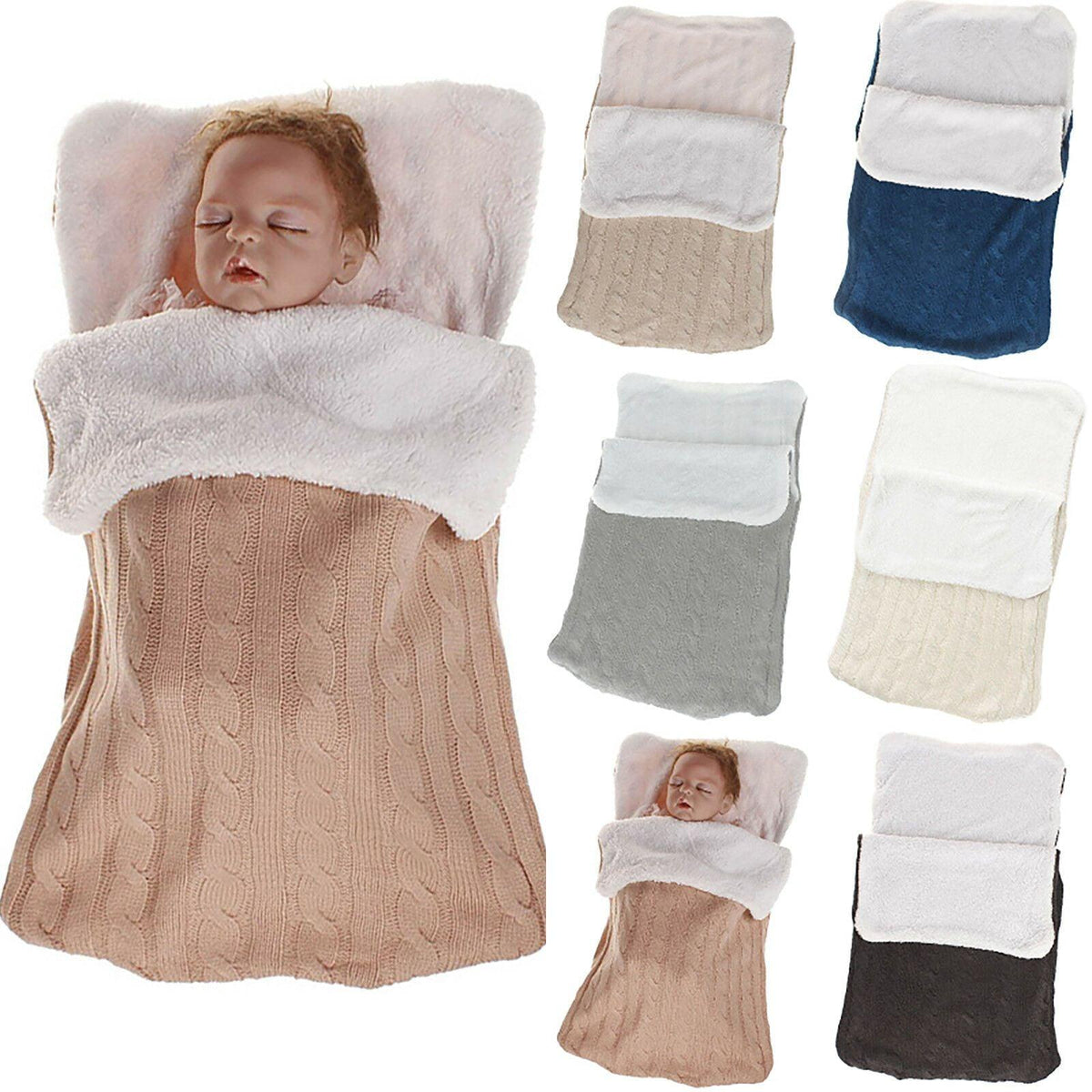 Warm knitted baby swaddle blanket set by Stevvex with plush white trim in assorted colors on Tampa Home & Garden Store