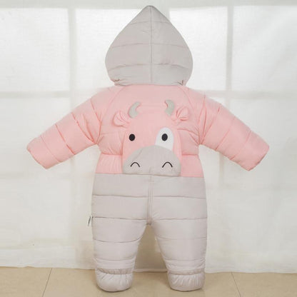 Baby pink and gray puffer snowsuit with hood and cute animal face Stevvex infant winter coat on Tampa Home & Garden Store