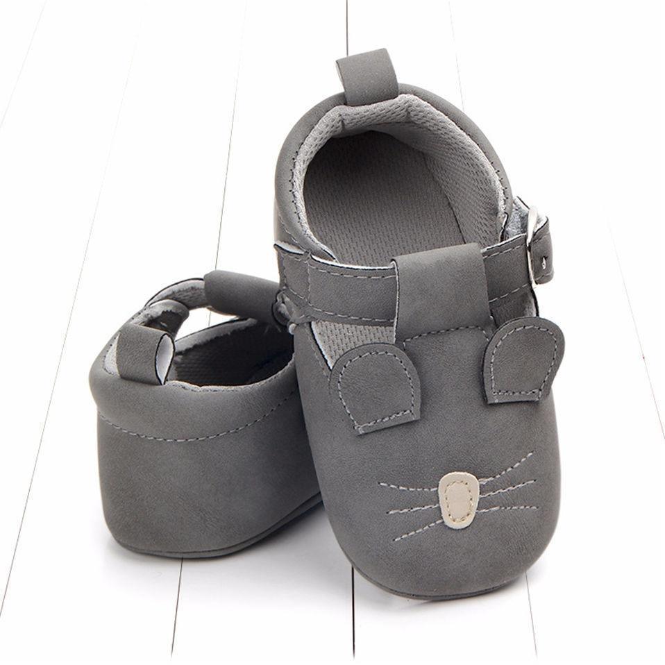 Stevvex gray baby shoes pair with cat face design, soft flexible first walker on Tampa Home & Garden Store