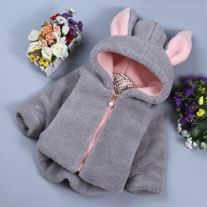 Stevvex baby girl bunny-hooded jacket in gray plush fleece with pink lining and zip closure on Tampa Home & Garden Store