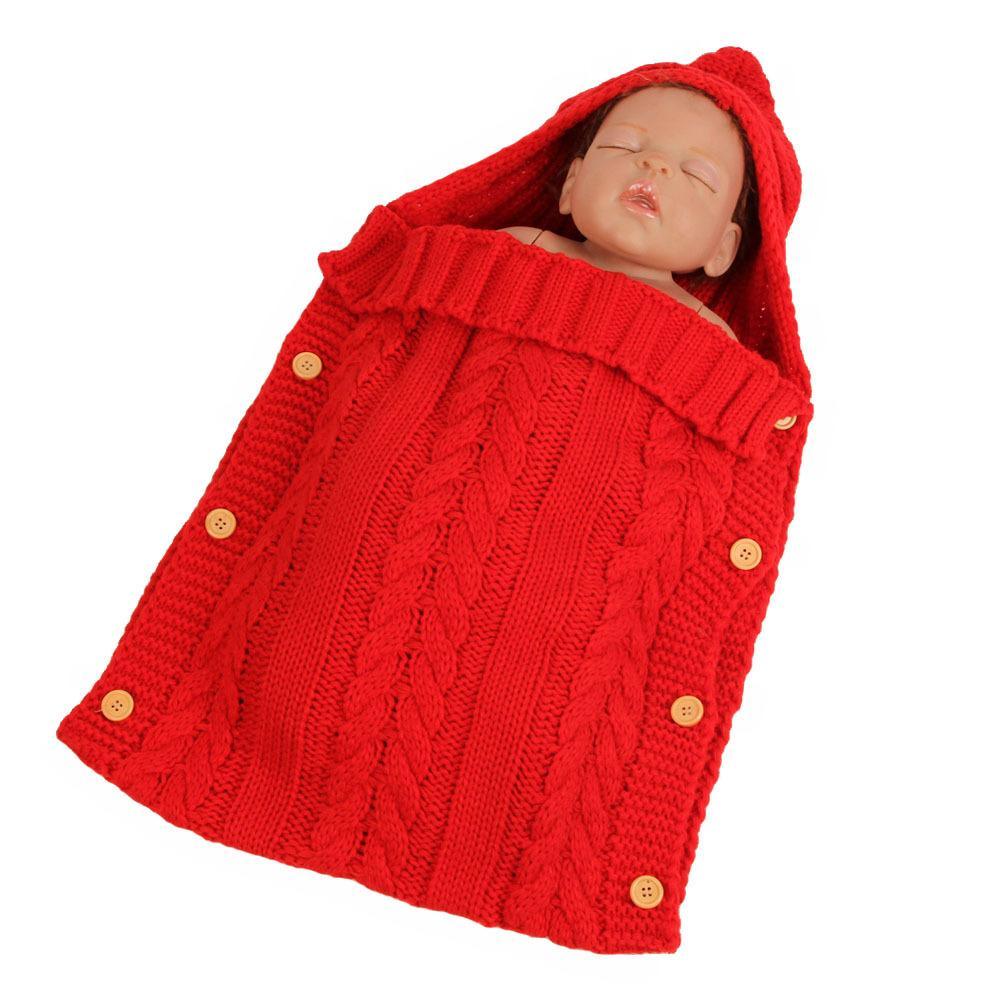 Red knitted newborn swaddle wrap with hood, cable-knit pattern and wooden buttons by Stevvex on Tampa Home & Garden Store
