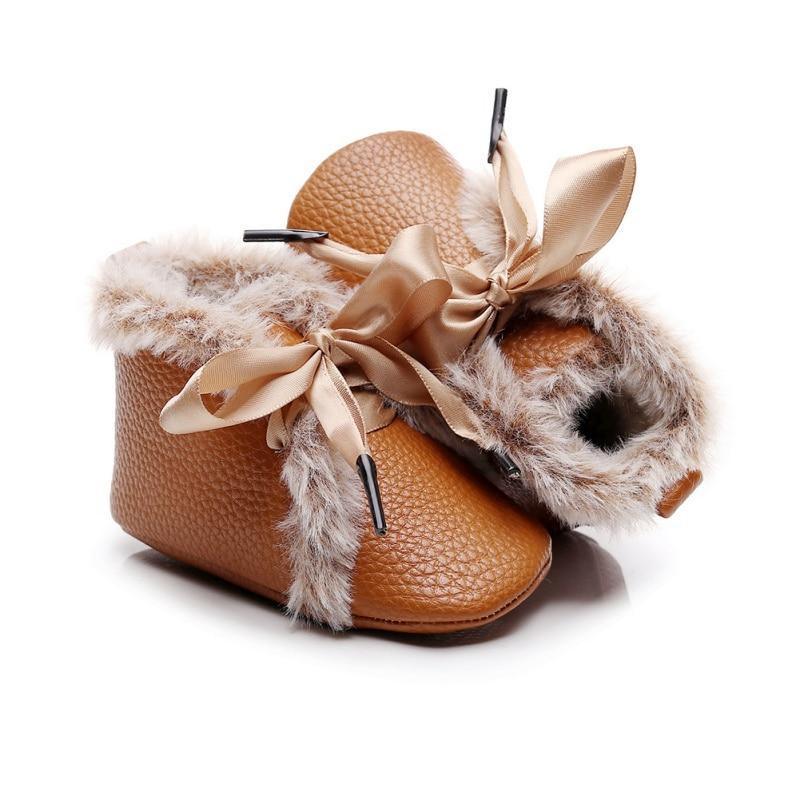 Stevvex baby PU boots with faux fur lining, brown leatherette texture and satin bow lace-up on Tampa Home & Garden Store