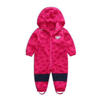 Kids pink Stevvex ski jumpsuit with hood, heart pattern, navy knee panels on Tampa Home & Garden Store