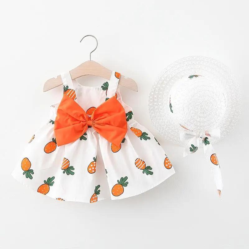 Luxury Modern Bow Print Dress With Hat For Baby