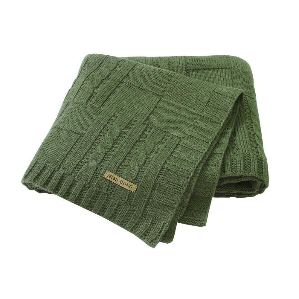 Knitted baby swaddle blanket set of 2 in olive green, cable-knit blocks, Stevvex label on Tampa Home & Garden Store