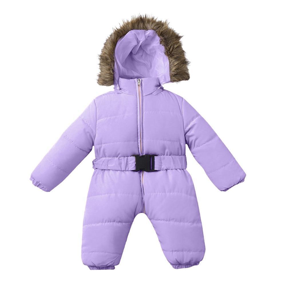 Stevvex infant lavender puffer snowsuit with fur-trimmed hood, front zipper and waist belt on Tampa Home & Garden Store
