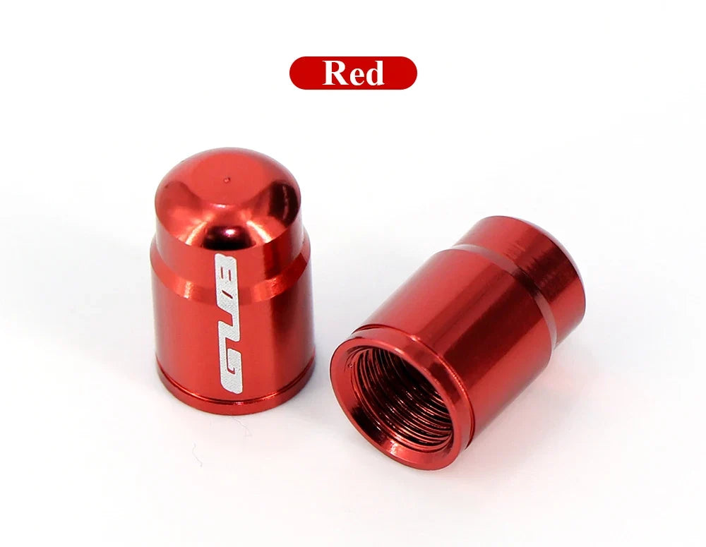Red aluminum valve stem caps for bike, motorcycle, car; pair BikerZoneZ valvecaps on Tampa Home & Garden Store