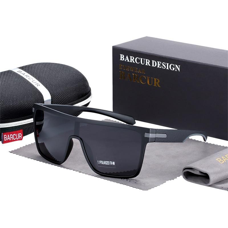 Oversized polarized square sunglasses with black frames, gray UV400 lenses, Barcur design on Tampa Home & Garden Store