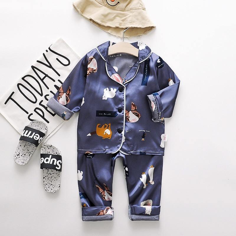 Stevvex ice silk satin kids pajama set navy cartoon prints top & pants on Tampa Home & Garden Store